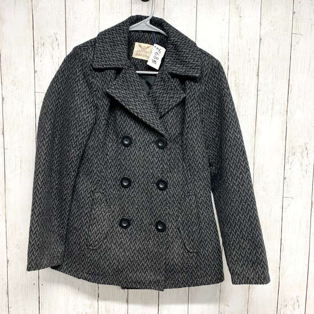 Faded Glory‎ Jacket Women Size XS Gray Black Houndstooth Wool Blend Pea Coat